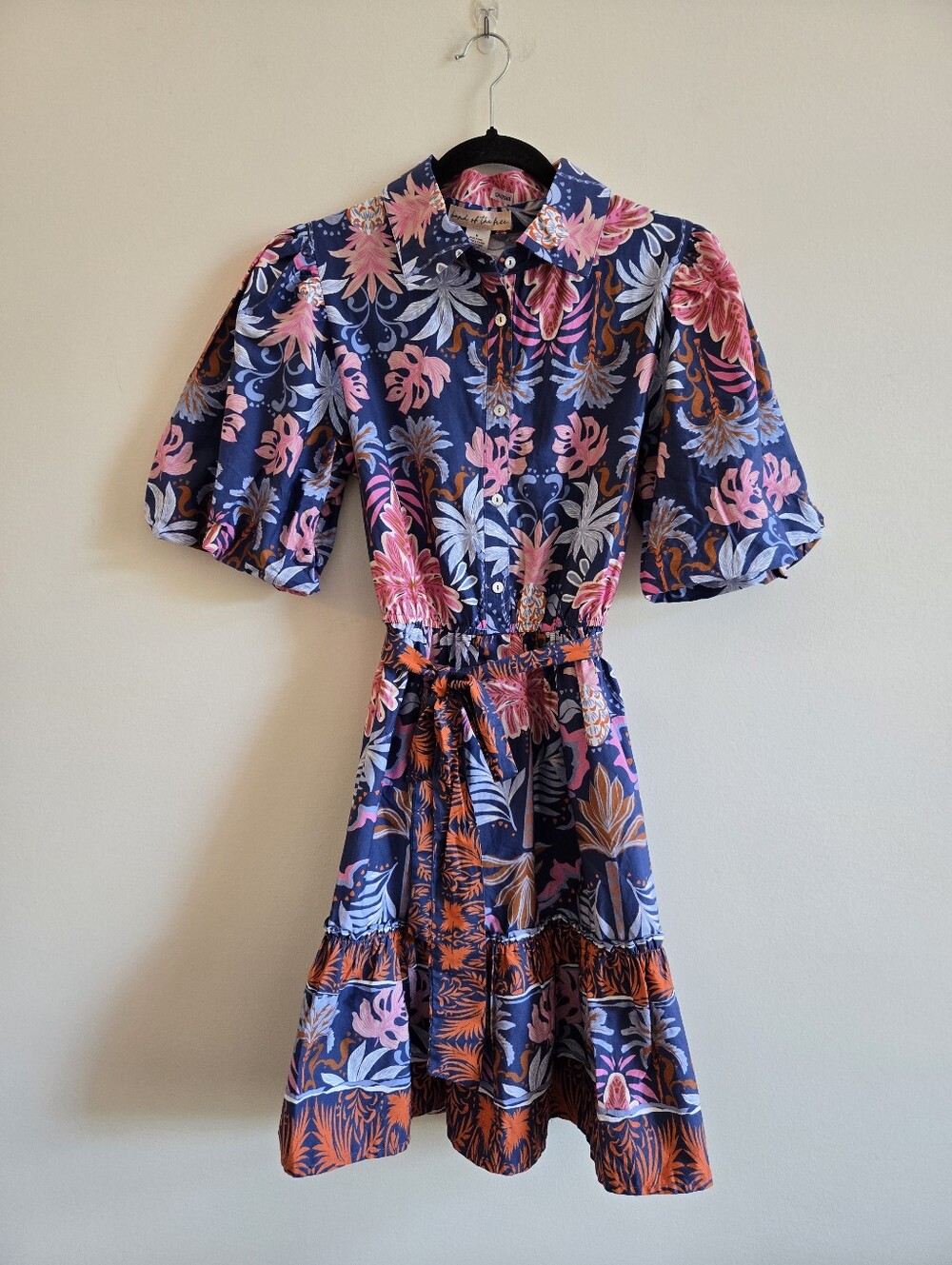 BAND OF THE FREE | M Cotton Tropical Shirt Dress With Puffy Sleeves | blue pink